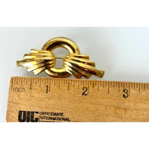 Vintage Geometric Fanned Wings On Circle Brooch Pin 2.5" Liquid Gold Tone EUC - Picture 6 of 7